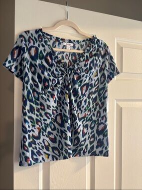 Nine West Blue Multicolor Leopard-Print Tie-Front Blouse